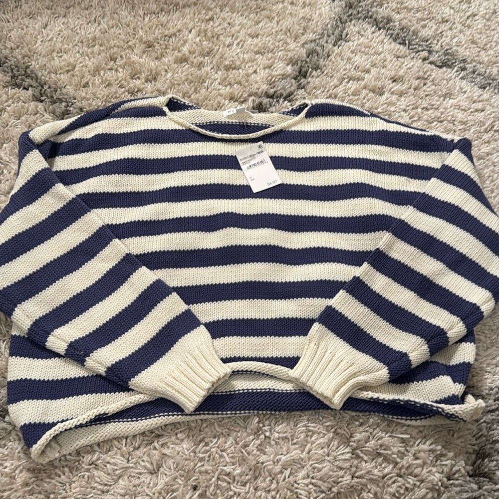blue and white cropped striped sweater